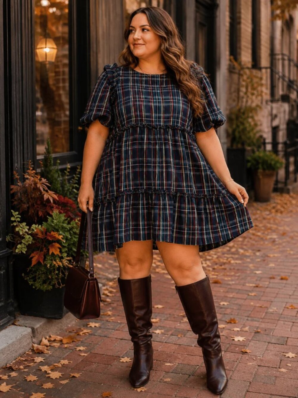 Entro Plus Size Plaid Babydoll Mini Dress Puff Sleeve Tiered NWT